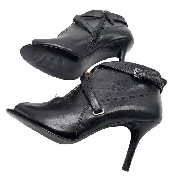 Nine West Gaige Open Toe Black Leather Heeled Bootie Women Size 7.5 Side Zip - Picture 5 of 11